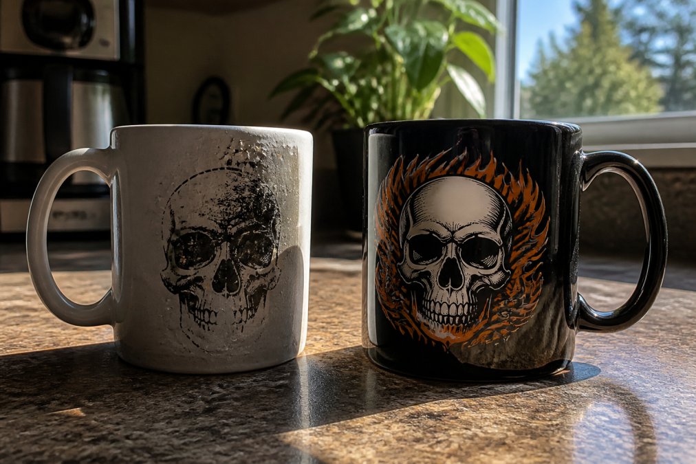 A faded, peeling graphic mug sitting on a kitchen counter next to a fresh, vibrant one, with morning light streaming through a window highlighting the contrast in print quality
