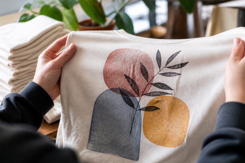 Close-up of hands holding a handprinted organic cotton t-shirt with artistic design, showing fabric texture and print quality in natural light