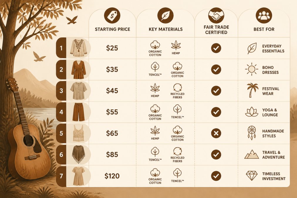 Comparison matrix of 7 ethical hippie clothing brands showing starting price ($25-$120), key materials (organic cotton, hemp, Tencel, recycled fibers), fair trade certification status, and best-for category