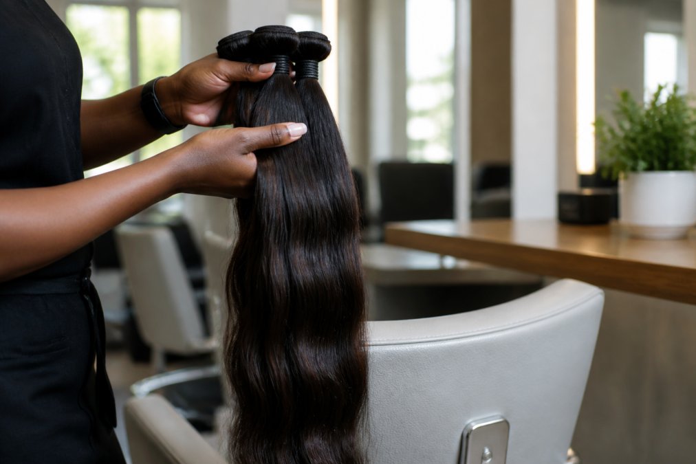 Close-up of a stylist's hands holding a bundle of long, glossy dark human hair extensions beside a light-coloured salon chair, natural window light, shallow depth of field
