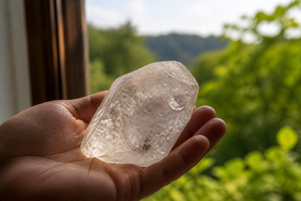 A close-up of a hand gently holding a raw, unpolished clear quartz crystal in soft window light, with a blurred natural green background conveying authenticity