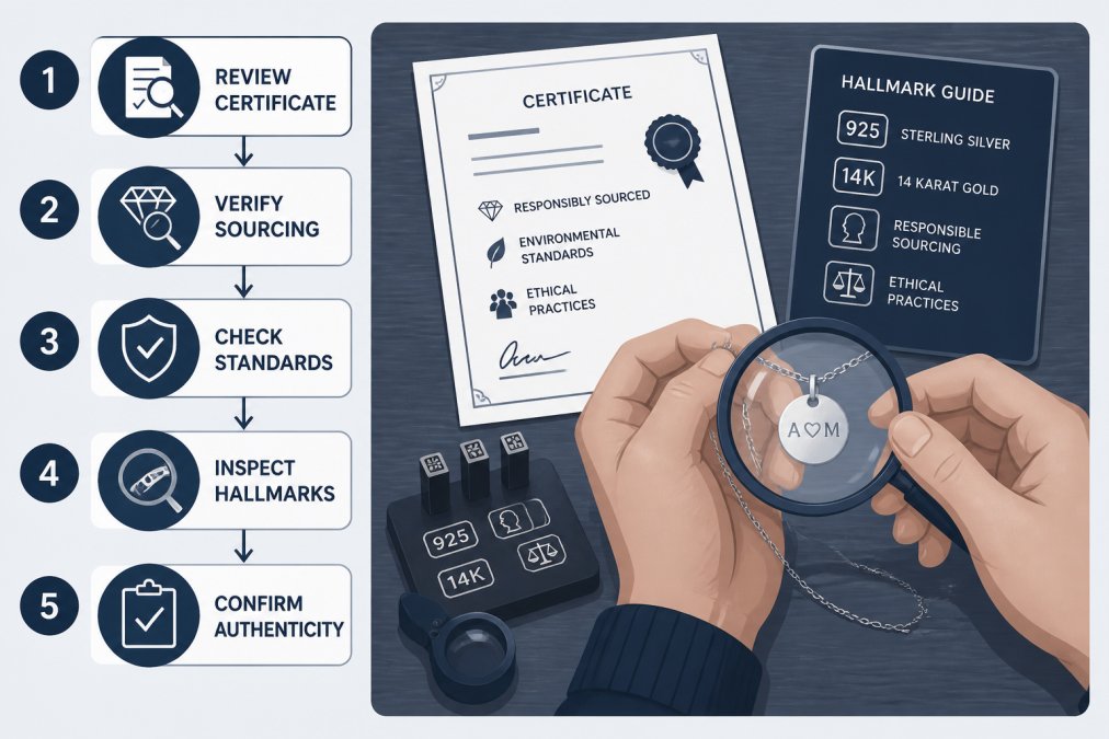 Close-up of hands examining a personalized piece of jewelry with certification documents and hallmarking stamps visible on a wooden surface, showing the verification process