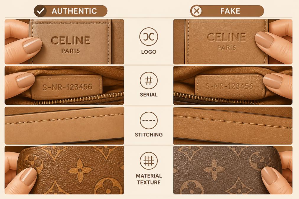 Close-up of hands comparing authentic designer item details like logo engraving, serial numbers, stitching patterns, and material texture side by side under bright natural light