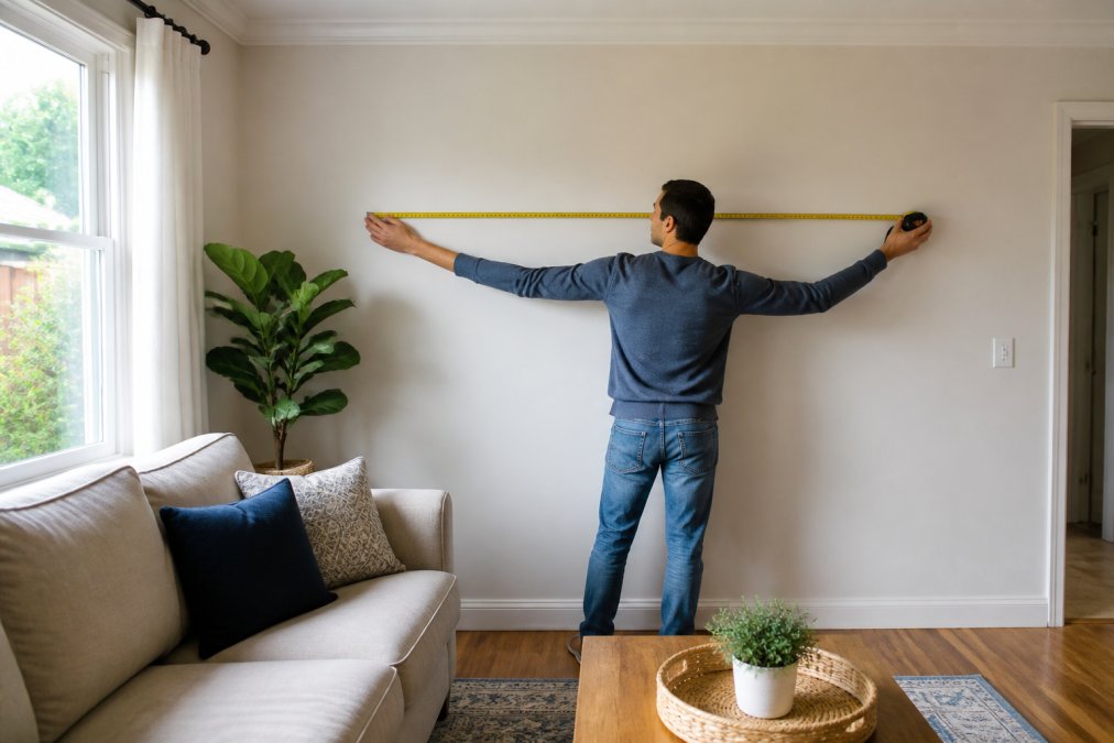 Homeowner measuring a living room wall with a tape measure, showing a blank wall space where panoramic art will hang, bright natural light from windows