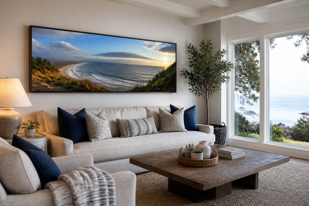 A framed panoramic landscape canvas print displayed above a sofa in a modern living room, showing coastal scenery with sweeping ocean views and natural light from nearby windows