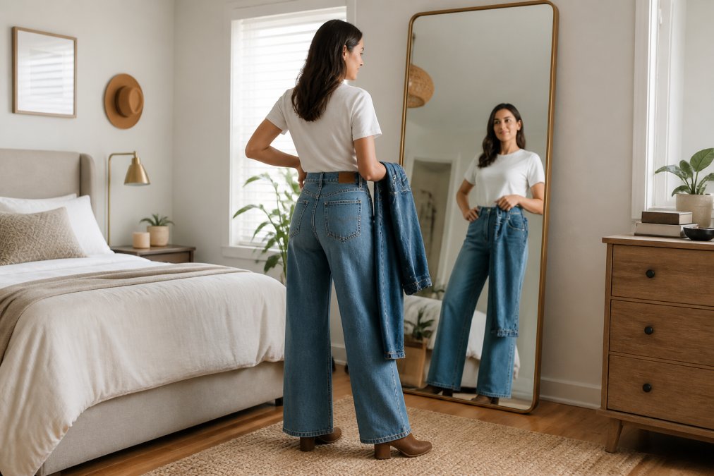 A woman in her late 20s standing in a bright, modern bedroom with a full-length mirror, wearing high-waisted wide-leg jeans in a medium blue wash with a tucked-in white tee and ankle boots, holding a second pair of jeans draped over her arm as if comparing fits