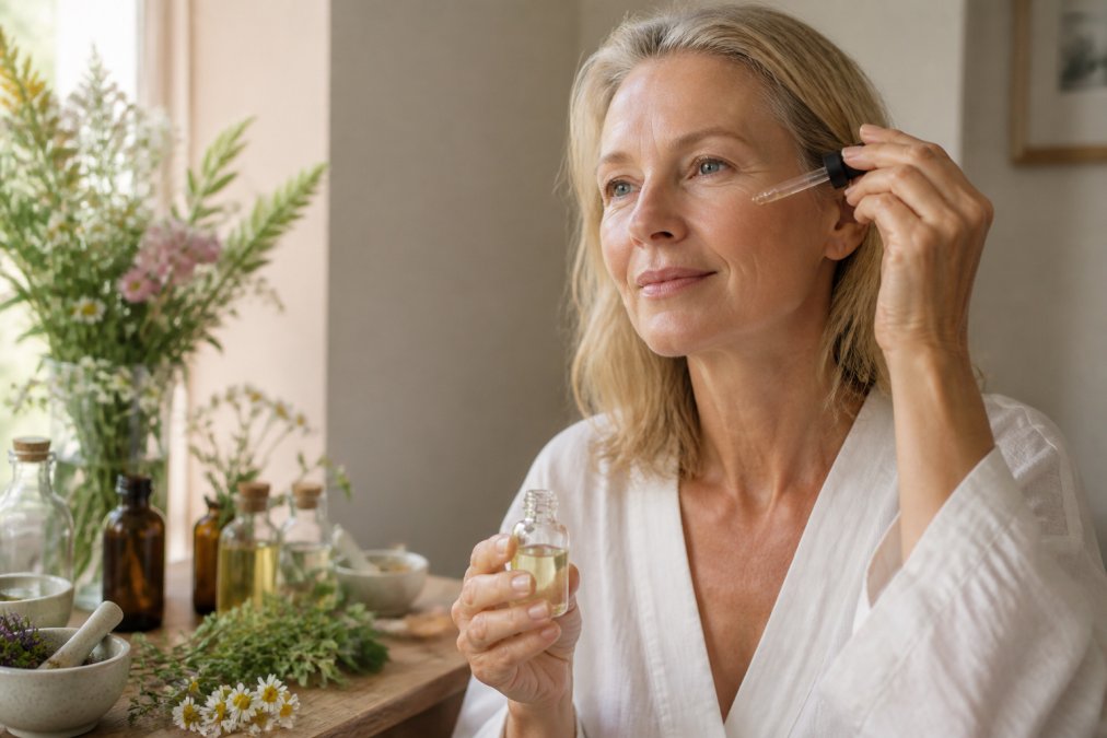 Woman in her 50s with calm expression applying botanical serum to her face in natural morning light, fresh flowers and glass bottles visible on wooden surface nearby