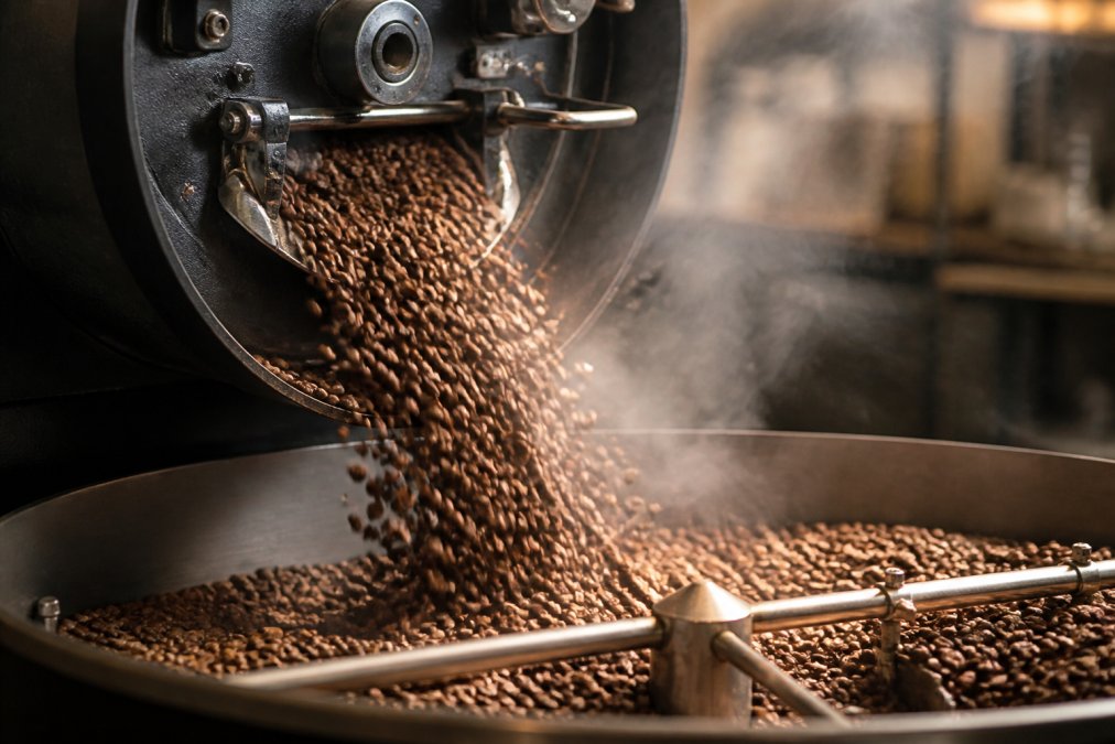 Close-up of freshly roasted whole coffee beans pouring from a small-batch roaster drum into a cooling tray, steam rising, warm golden-brown tones