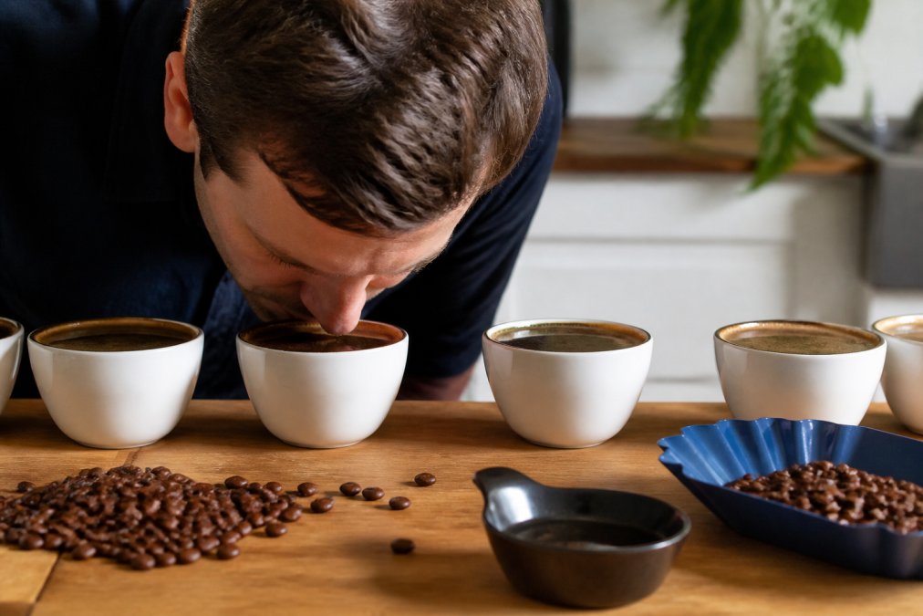 Home coffee enthusiast leaning over a white ceramic cupping bowl, smelling the aroma of freshly brewed specialty coffee on a wooden kitchen counter with whole beans scattered nearby