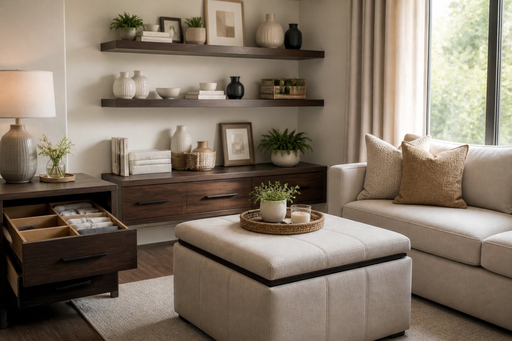 A well-organized modern living room with floating shelves displaying decorative objects and books, a storage ottoman with a neutral upholstered top, organized drawer dividers visible in an open nightstand drawer, and functional home accessories arranged thoughtfully on walls with natural window lighting