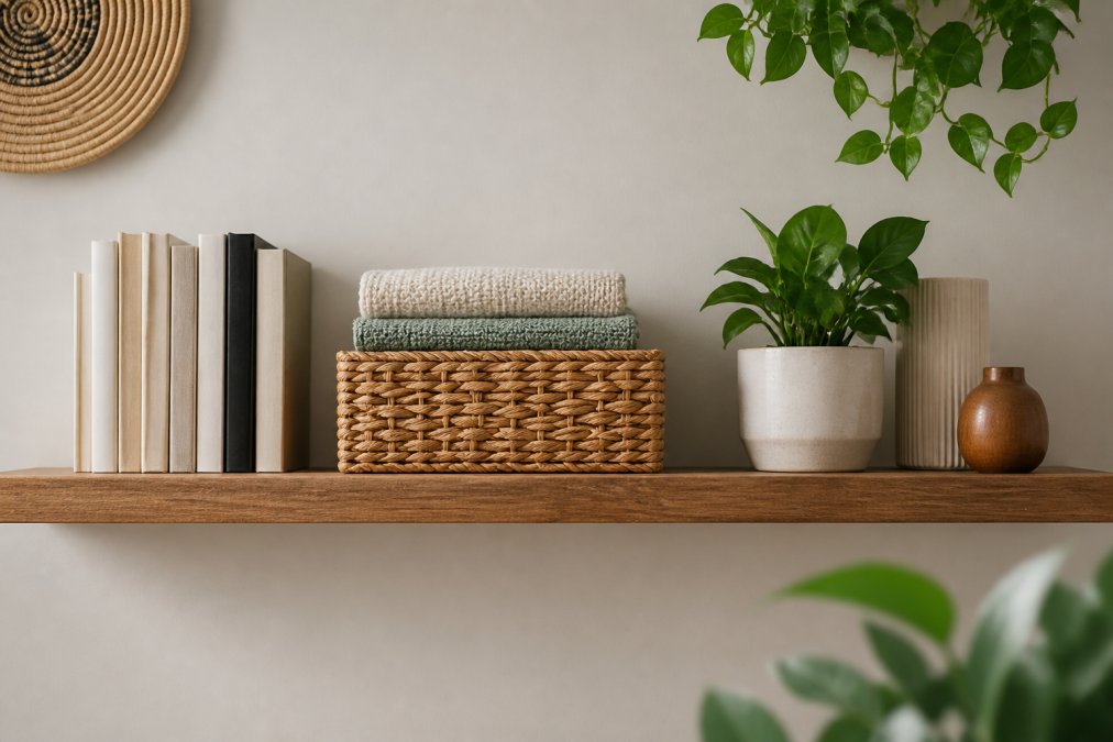 A close-up of a well-styled floating shelf showing the rule of thirds in action, vertical books on the left, a woven storage basket and folded textiles in the center, and potted plants with decorative objects on the right, with intentional negative space