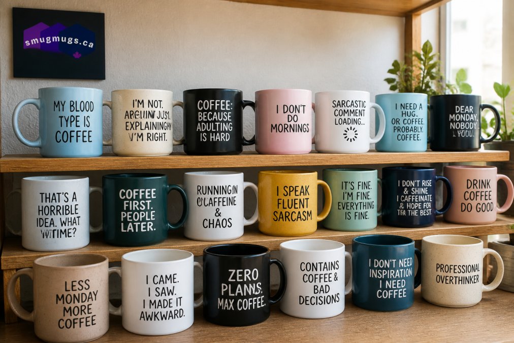 Colorful collection of ceramic mugs with humorous and sarcastic sayings displayed on a wooden shelf, showing variety of designs, colors, and text styles in natural daylight