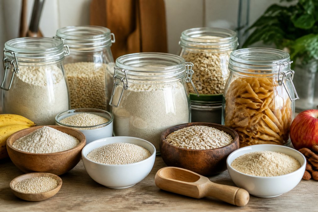 Glass jars and labeled containers filled with gluten-free staples like quinoa, oats, and flour on a kitchen counter