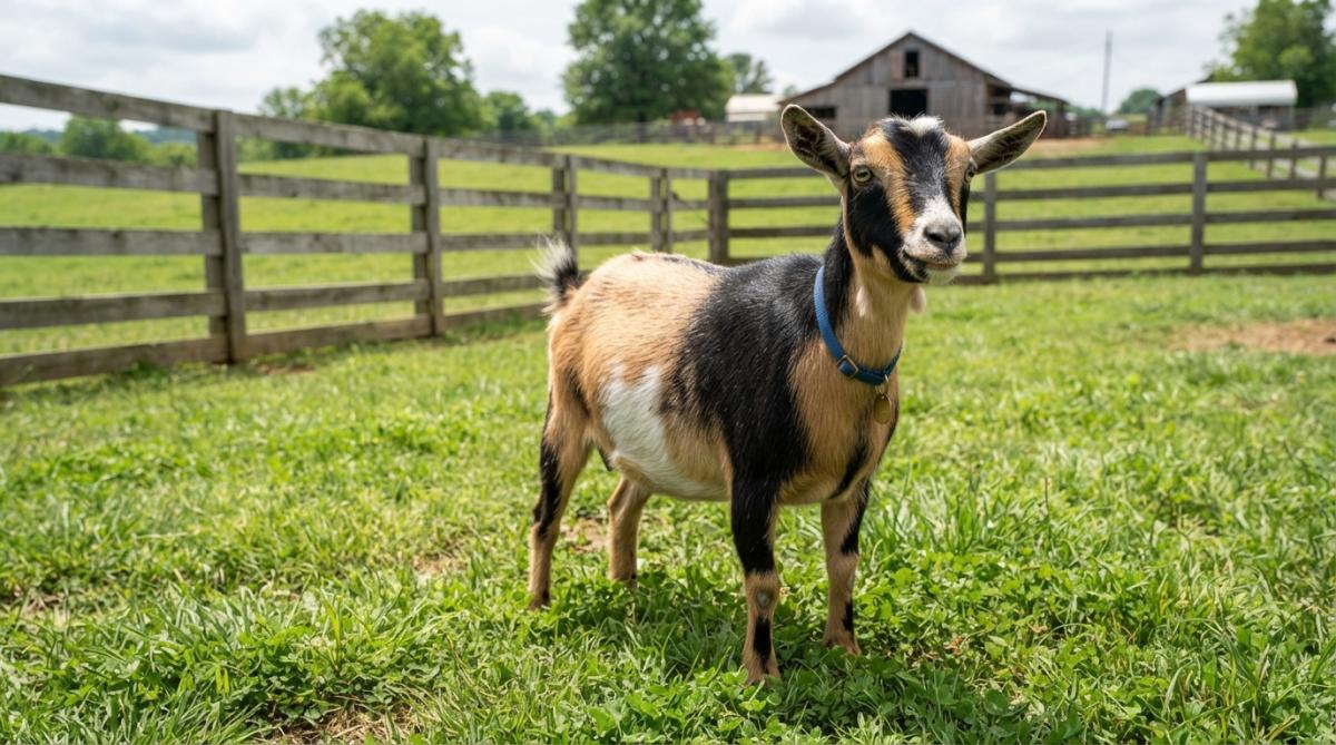 A healthy Nigerian Dwarf goat grazing in a clean, sunny pasture near a wooden farm fence.