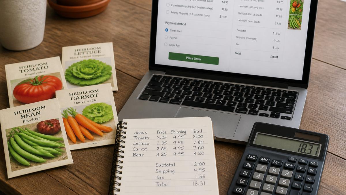 Close-up of several seed packets arranged on a rustic wooden table beside a calculator, a notebook with handwritten prices, and a laptop showing an online seed store checkout page