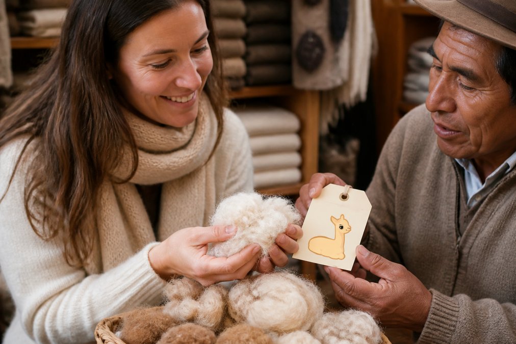 Close-up of hands holding a soft alpaca fiber sample next to a label displaying micron count specifications and fiber grade certification