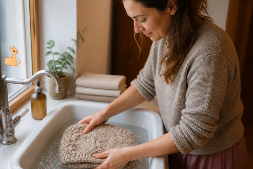 Person gently hand-washing a folded alpaca sweater in a sink with delicate soap, demonstrating proper care technique with soft lighting