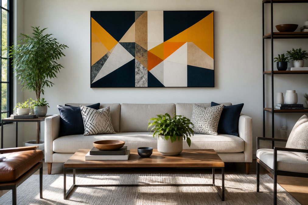Geometric abstract high quality art hanging above a neutral sofa in a sunlit living room with lush green plants