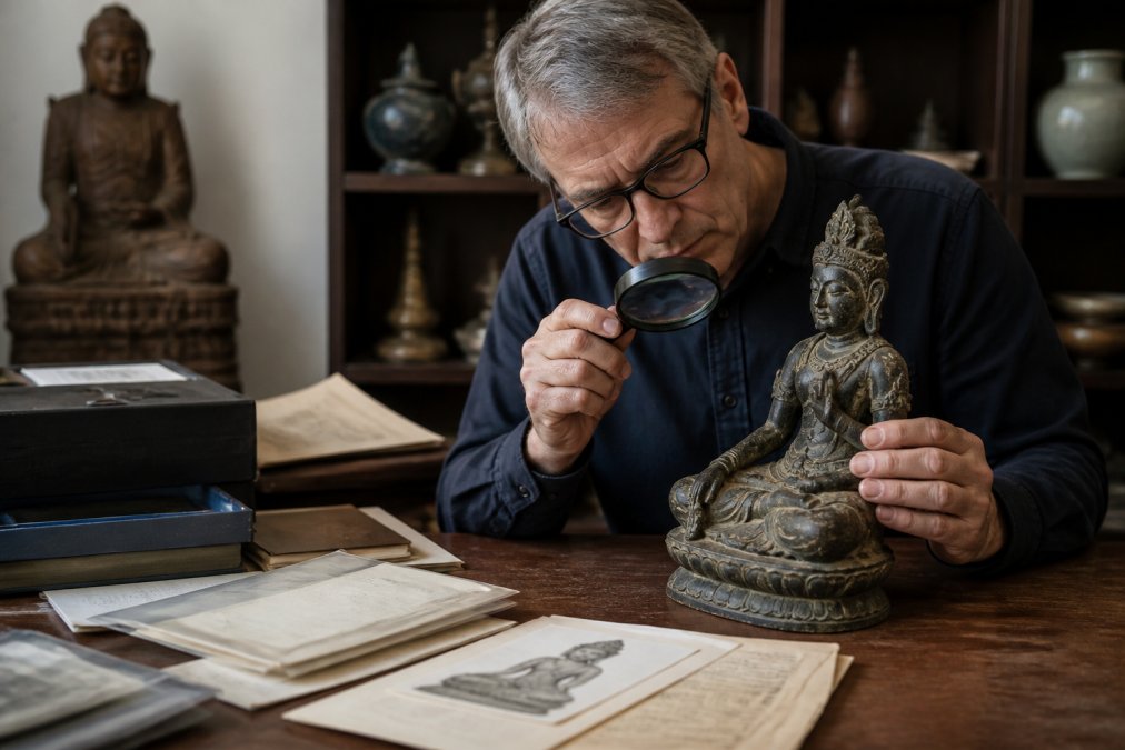 Collector examining high-quality Asian sculpture with magnifying glass, studying provenance documents on wooden desk with archival materials