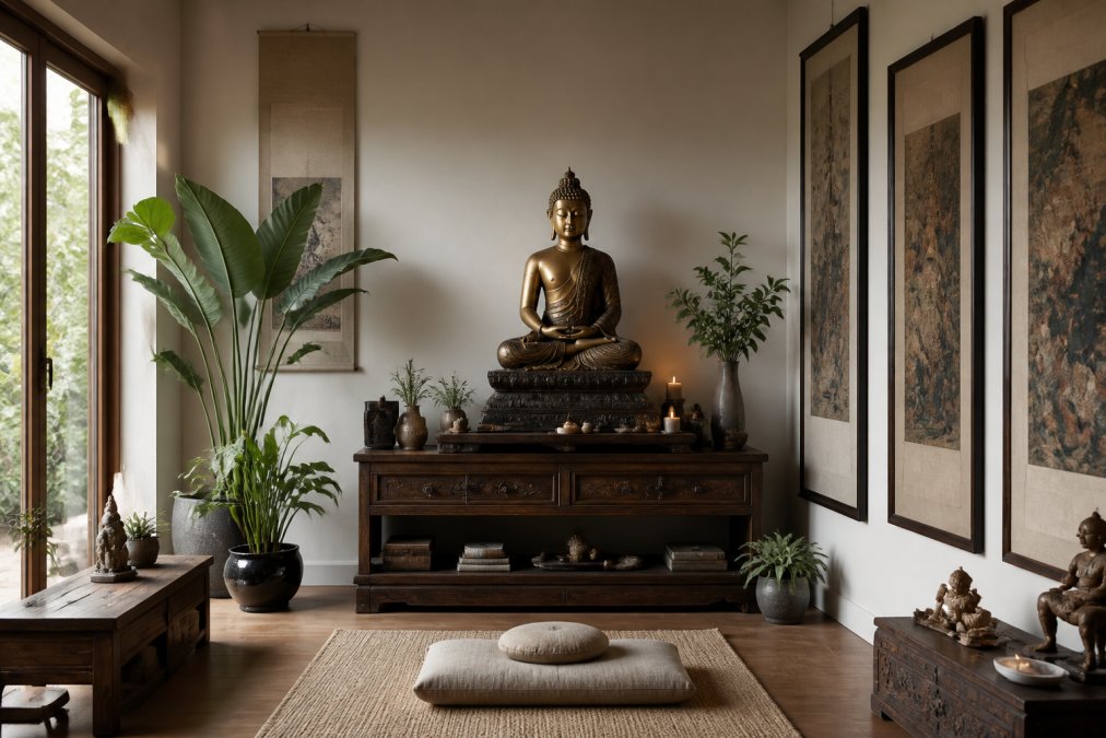 Serene meditation space with high-quality Buddhist statue positioned on altar, soft natural lighting, archival-framed Asian paintings on walls, plants and minimal decor creating peaceful sanctuary