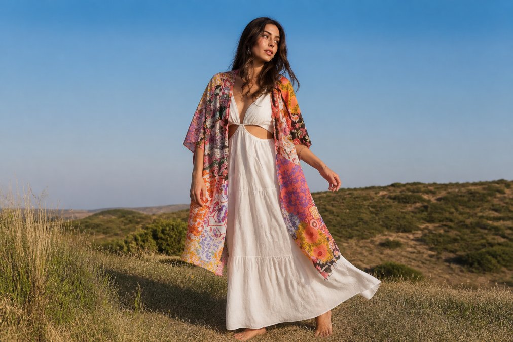 Woman wearing a flowing bohemian dress with layered textures and earthy tones, standing outdoors in natural sunlight with the fabric gently flowing in the breeze