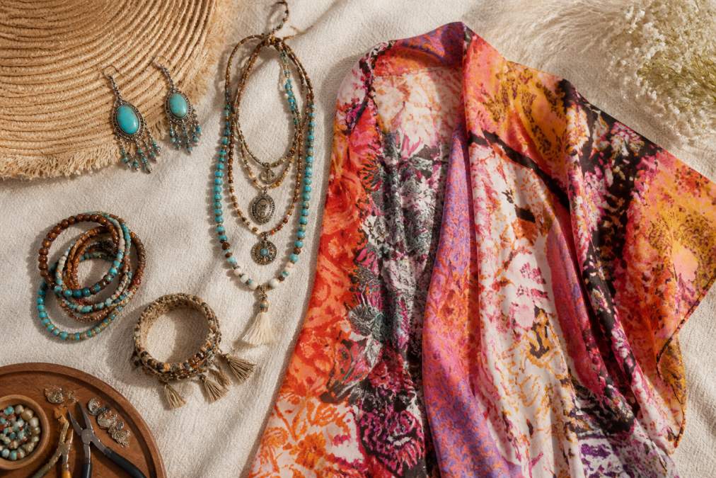 Close-up of bohemian accessories including turquoise oval dangle earrings, layered beaded necklaces, and woven bracelets arranged on a textured cream-colored fabric with soft natural lighting
