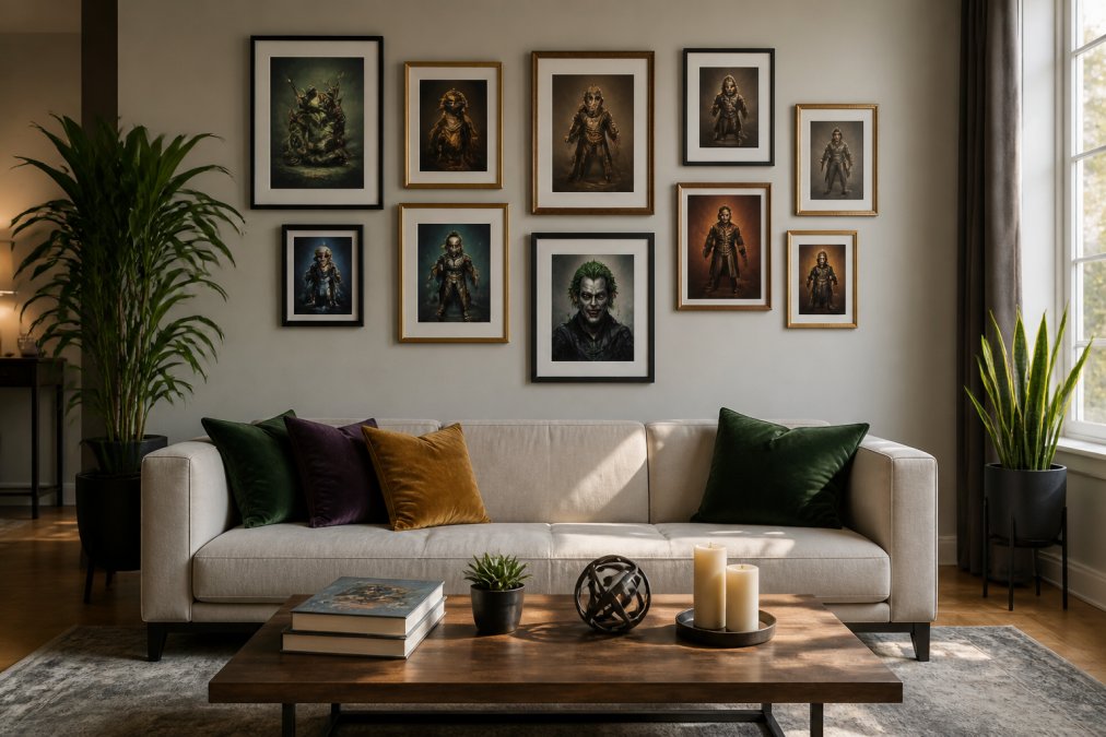 Modern living room gallery wall featuring multiple character art prints in varied frame styles, with rich jewel-tone fantasy artwork displayed alongside contemporary furniture and natural lighting