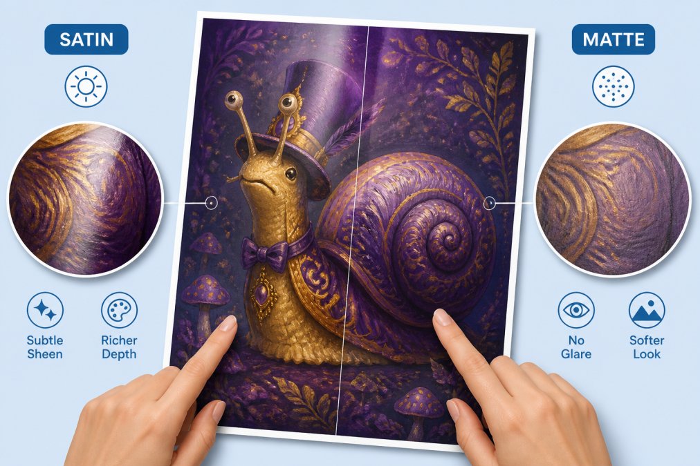 Close-up of a character art poster showing rich purple and gold jewel tones with visible brushwork texture, hands gently pointing to color gradations and surface detail demonstrating the difference between satin and matte finishes