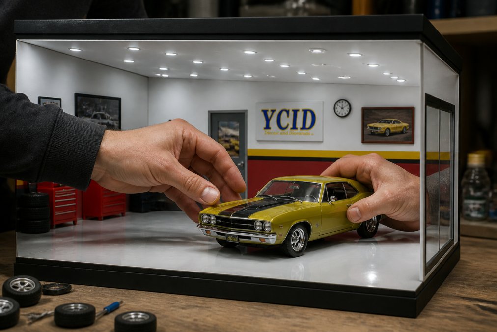 Collector's hands carefully positioning a 1:18 scale diecast muscle car into a detailed showroom diorama with illuminated ceiling lights and period-accurate signage visible in background