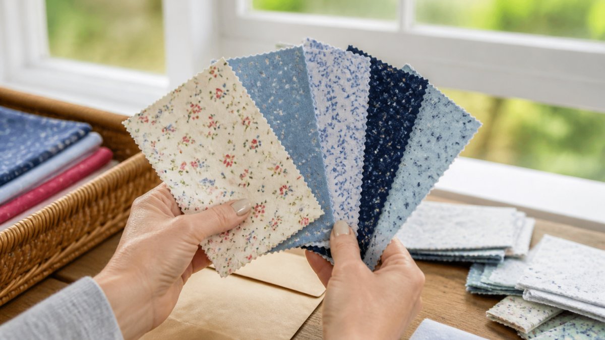 Close-up of hands holding multiple fabric swatches up to natural window light, examining texture and color accuracy of quilting cotton samples