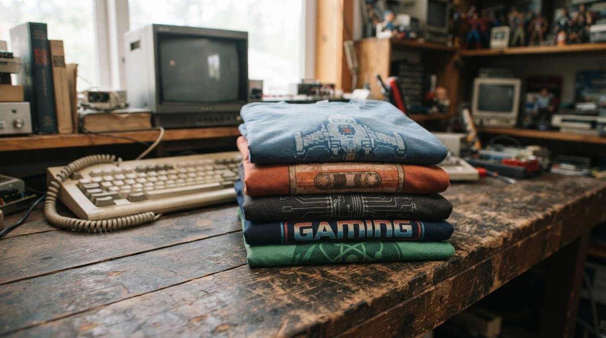 Close-up of a neatly folded stack of graphic tees with bold retro-style prints resting on a weathered wooden surface, with a vintage mechanical keyboard and a small CRT monitor prop visible in the soft background light