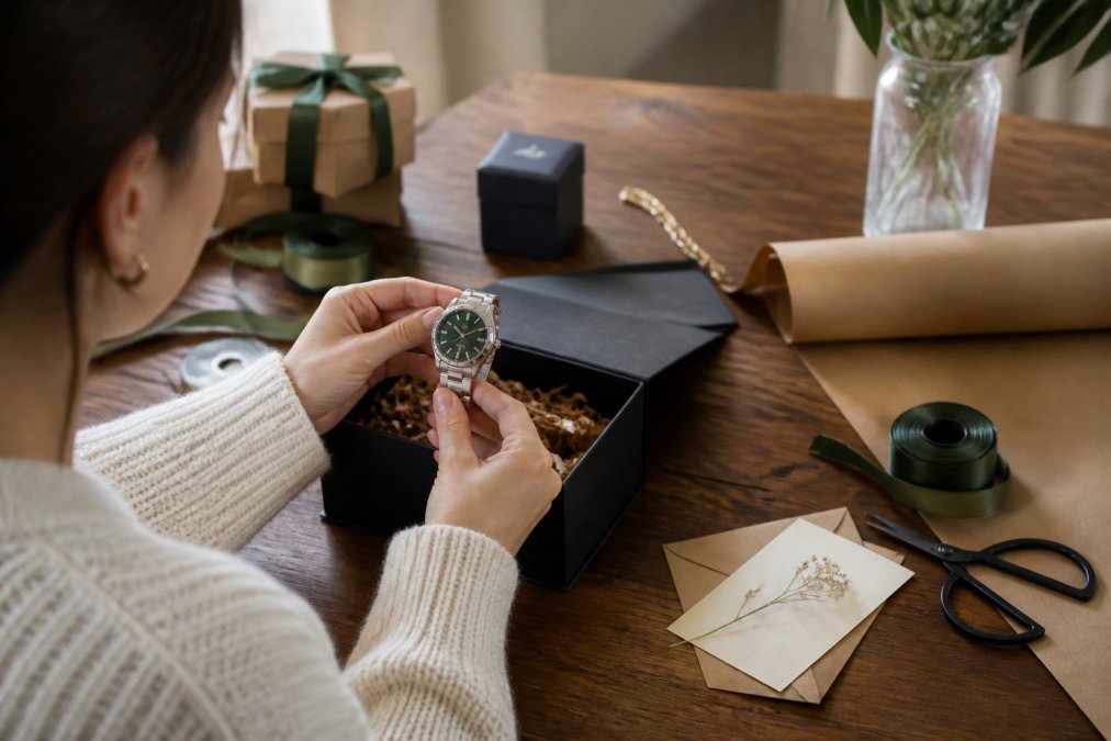 Someone carefully selecting and examining a personalized gift item on a laptop screen, with gift wrapping materials and a handwritten note nearby on a wooden desk