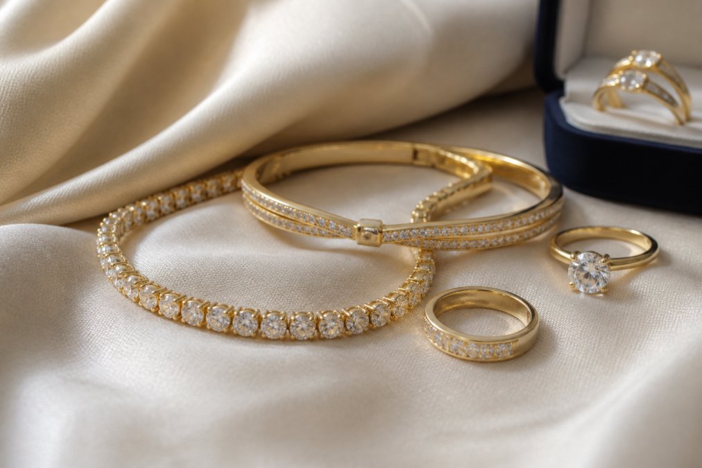 Close-up of elegant jewelry pieces including bracelets and rings displayed on soft fabric surface with natural lighting highlighting the sparkle and craftsmanship
