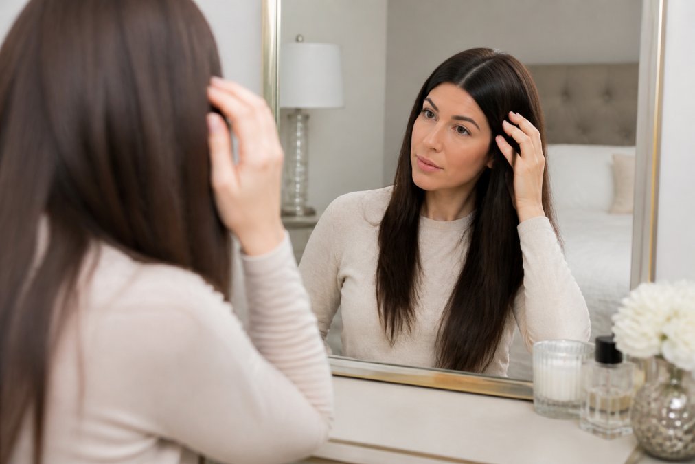 A woman with a natural-looking dark brown sheitel styled straight, touching the hair near her temple while looking in a mirror in a softly lit dressing room