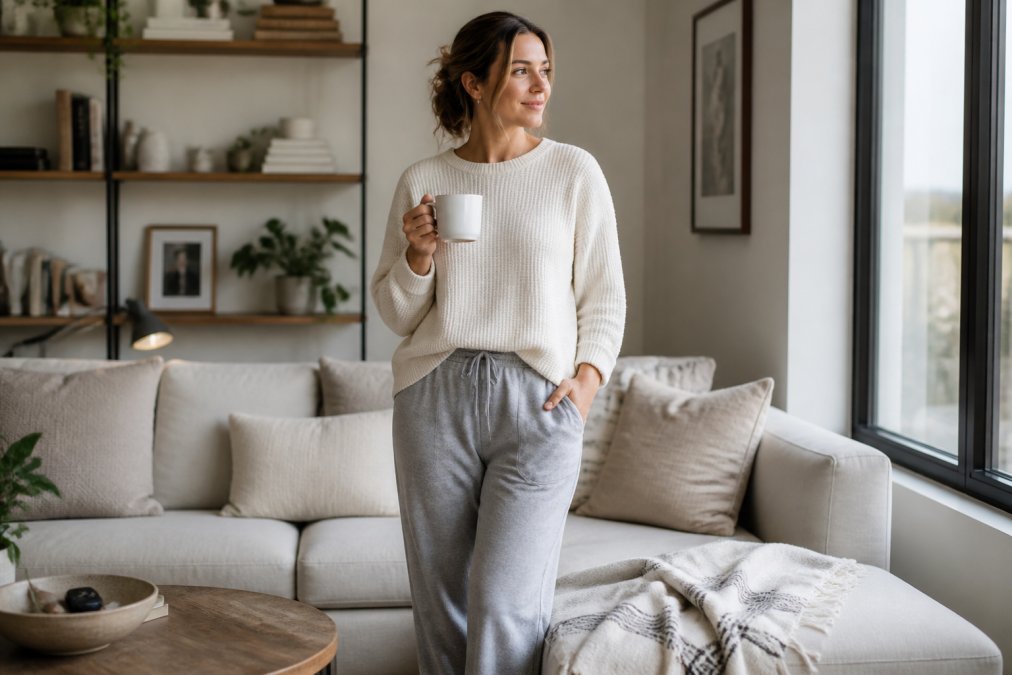 A woman wearing a cozy waffle-knit pullover and relaxed sweatpants, looking polished while holding a coffee mug in a bright, modern living room
