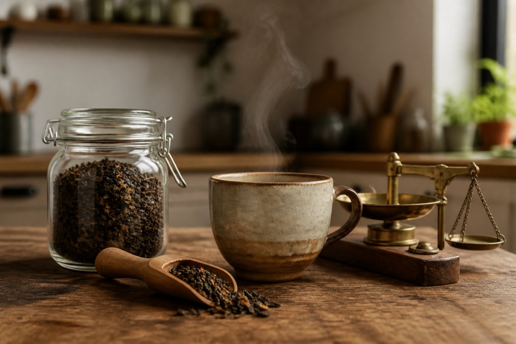 Loose leaf tea in a glass jar with a wooden scoop and a steaming ceramic cup on a kitchen counter near a brass scale