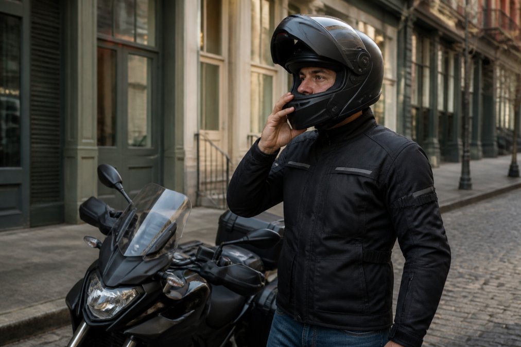 A motorcycle rider in a black modular helmet standing beside a parked touring bike on a city street, holding the chinbar open with one hand