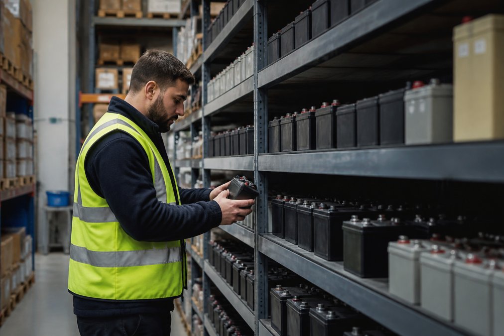 Warehouse worker in safety vest carefully selecting specialty batteries from organized industrial shelves with labeled storage bins, natural overhead lighting illuminating the organized inventory