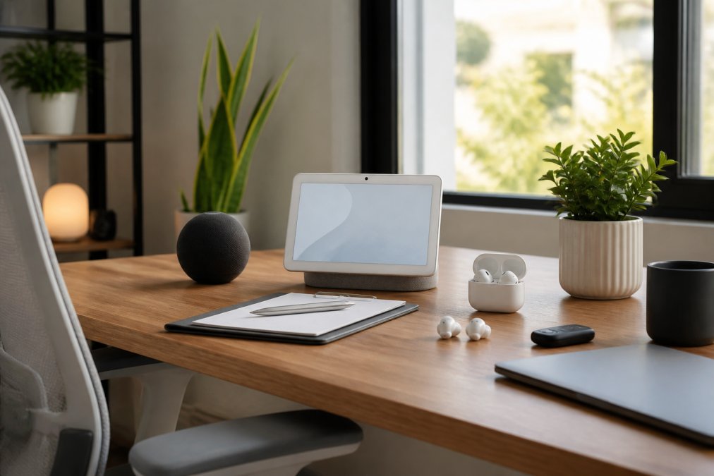 Modern home office setup displaying multiple innovative tech gadgets including a smart display, wireless earbuds, and a smart speaker arranged on a clean desk with natural lighting