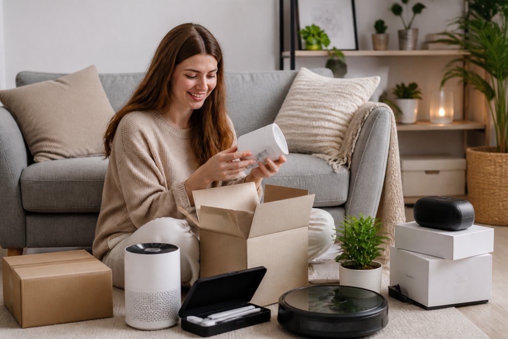 Person browsing on a laptop in a comfortable home environment with a satisfied expression, surrounded by packaged tech gadgets and home accessories ready for use
