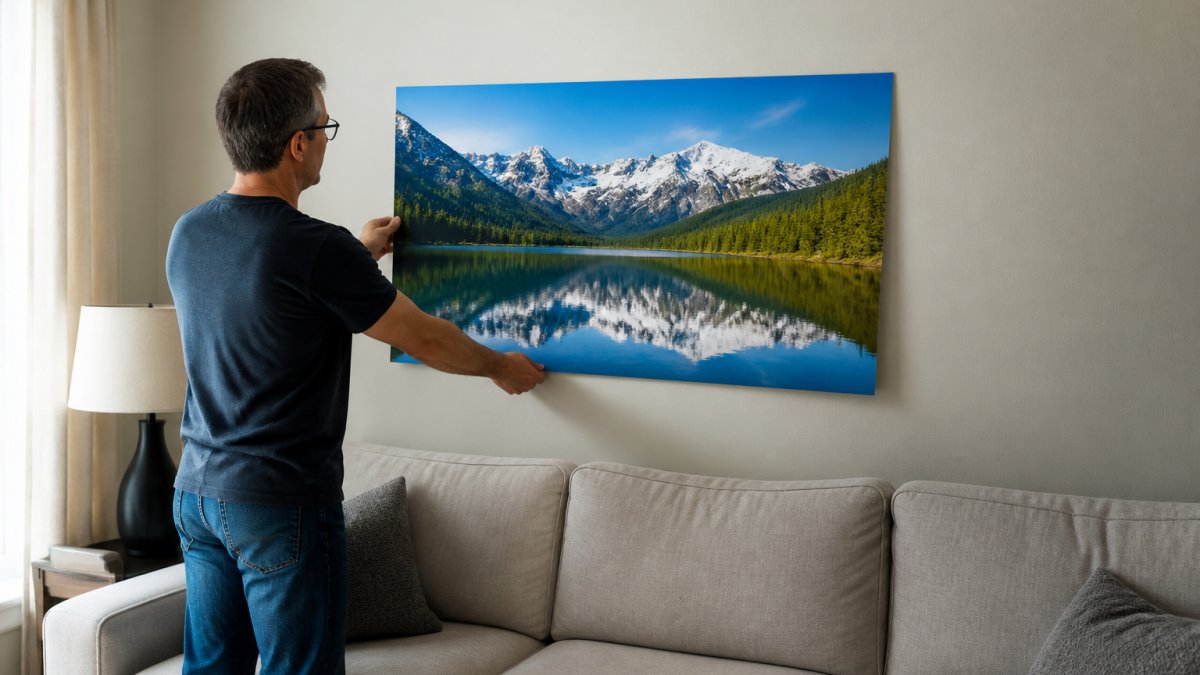 A person holding a large unframed landscape print against a living room wall, checking the size and placement above a sofa