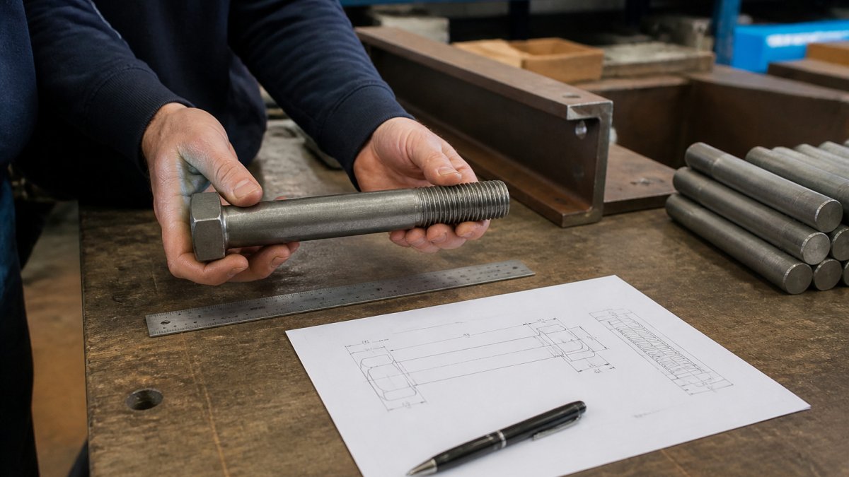 Builder checking specifications for large diameter bolts on a workbench with a steel rule and technical plans