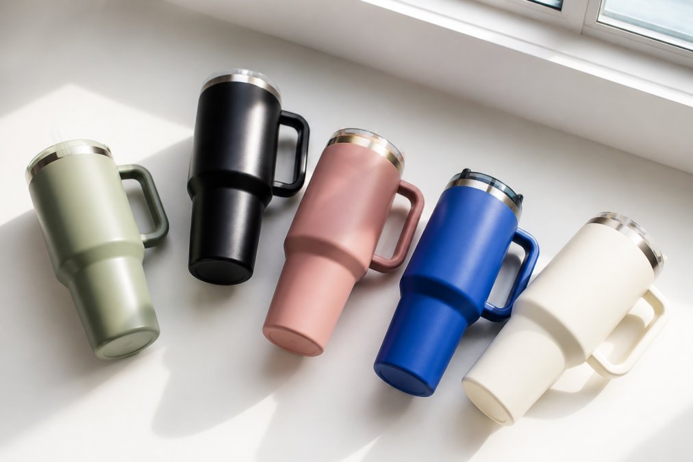 A flat-lay arrangement of five colorful stainless steel tumblers with powder coat finishes in rare colorways, sage green, matte black, dusty rose, electric blue, and cream, displayed on a clean white surface with soft natural window lighting