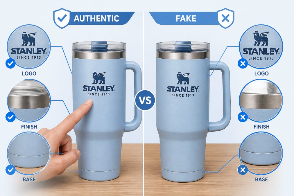 Close-up of two similar-looking stainless steel tumblers placed side by side on a wooden table, with a person's hand pointing to the logo area on one tumbler under bright overhead lighting, suggesting careful inspection for authenticity differences