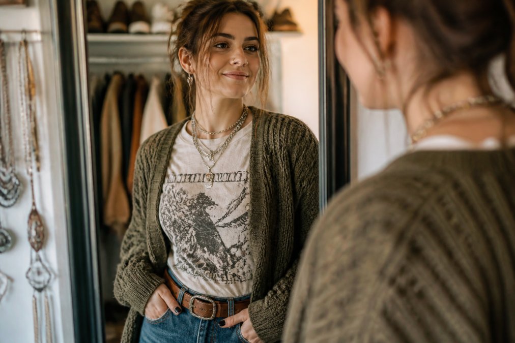 Flat lay of carefully curated outfit pieces including layered gold and silver statement jewelry, textured knit cardigan, vintage leather belt, and printed graphic tee arranged to show how intentional combination creates cinematic visual presence