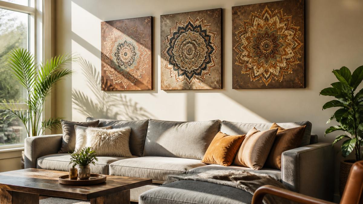 Bright modern living room with mandala canvas prints in warm earth tones hung on a neutral cream wall above a comfortable gray sofa, natural sunlight streaming through large windows creating soft shadows on the artwork