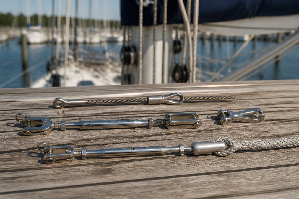 Close-up of polished stainless steel turnbuckles, toggles, and swaged wire rope terminals arranged on weathered teak dock planking with sailboat mast and rigging visible in soft afternoon light