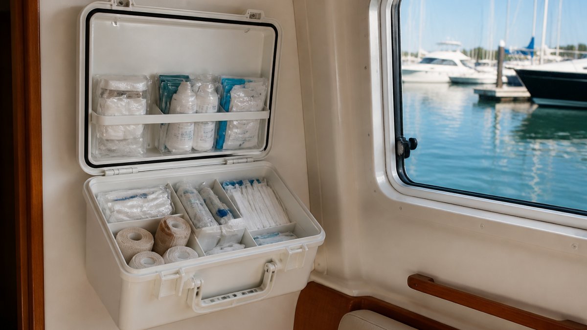 White hard-case first aid kit mounted on a boat cabin wall with organized medical supplies inside