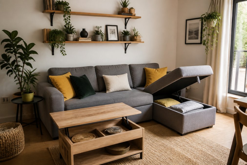 A bright small apartment living room with a compact modular sofa, wall-mounted shelves, and a foldable coffee table, styled with plants and cushions