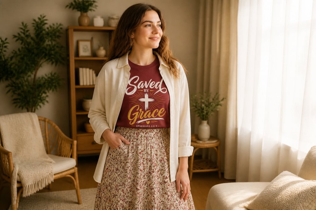 A woman layering a maroon faith graphic tee under an open cream button-down shirt, styled with a modest floral midi skirt, standing in a warmly lit living room with soft afternoon light coming through sheer curtains